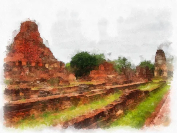 Αρχαία Ερείπια Sukhothai World Heritage Site Ακουαρέλα Στυλ Εικονογράφηση Ιμπρεσιονιστική — Φωτογραφία Αρχείου