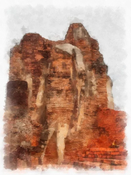 Ruines Antiques Sukhothai Site Patrimoine Mondial Aquarelle Illustration Style Peinture — Photo