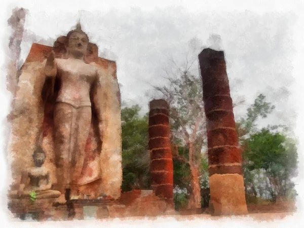 Rovine Antiche Sukhothai Patrimonio Dell Umanità Acquerello Stile Illustrazione Impressionista — Foto Stock