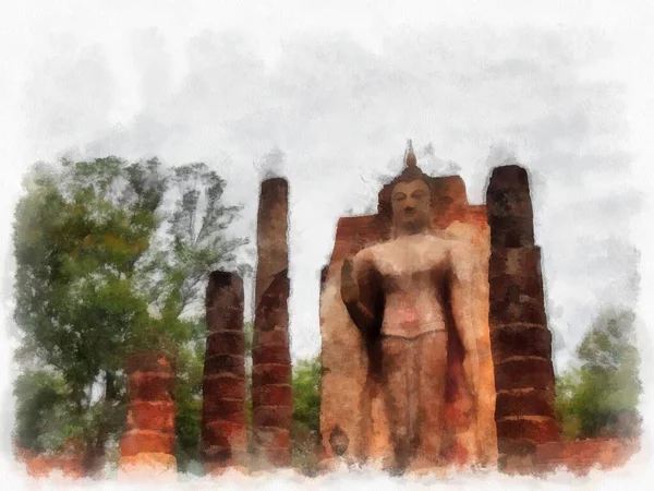 Rovine Antiche Sukhothai Patrimonio Dell Umanità Acquerello Stile Illustrazione Impressionista — Foto Stock