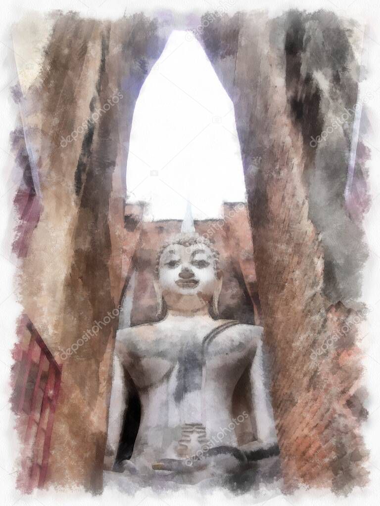 Ancient Ruins in Sukhothai World Heritage Site watercolor style illustration impressionist painting.