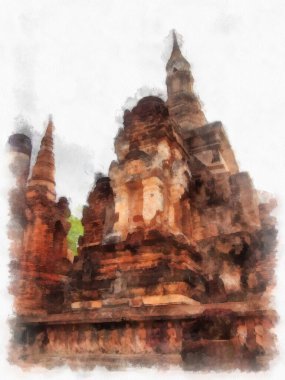Sukhothai 'deki Antik Kalıntılar Dünya Mirası Site suluboya resim çizimi izlenimcisi.