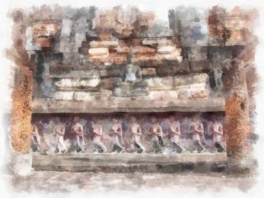 Sukhothai 'deki Antik Kalıntılar Dünya Mirası Site suluboya resim çizimi izlenimcisi.