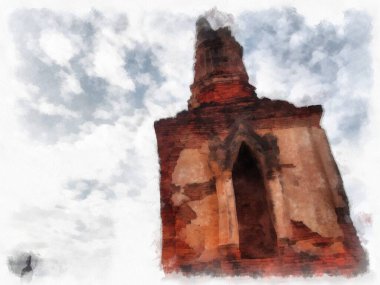 Sukhothai 'deki Antik Kalıntılar Dünya Mirası Site suluboya resim çizimi izlenimcisi.