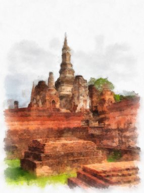 Sukhothai 'deki Antik Kalıntılar Dünya Mirası Site suluboya resim çizimi izlenimcisi.
