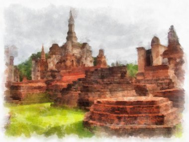Sukhothai 'deki Antik Kalıntılar Dünya Mirası Site suluboya resim çizimi izlenimcisi.