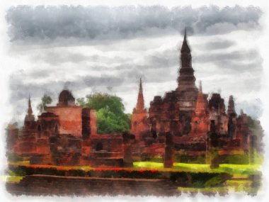 Sukhothai 'deki Antik Kalıntılar Dünya Mirası Site suluboya resim çizimi izlenimcisi.
