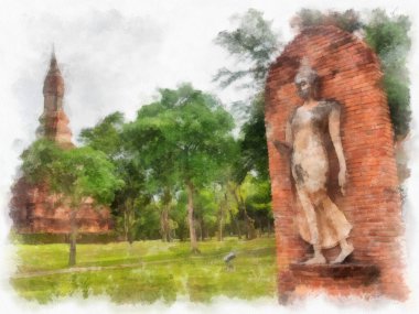 Sukhothai 'deki Antik Kalıntılar Dünya Mirası Site suluboya resim çizimi izlenimcisi.