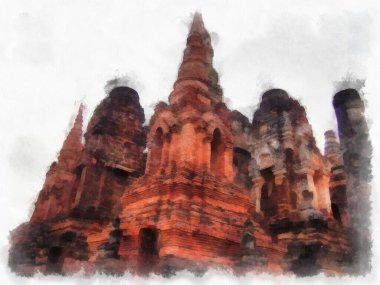 Sukhothai 'deki Antik Kalıntılar Dünya Mirası Site suluboya resim çizimi izlenimcisi.