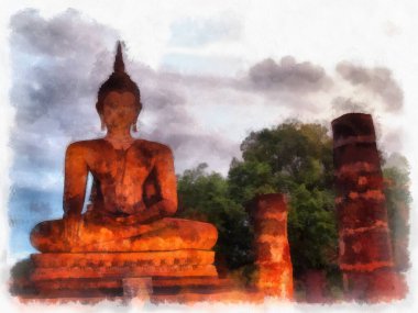 Sukhothai 'deki Antik Kalıntılar Dünya Mirası Site suluboya resim çizimi izlenimcisi.