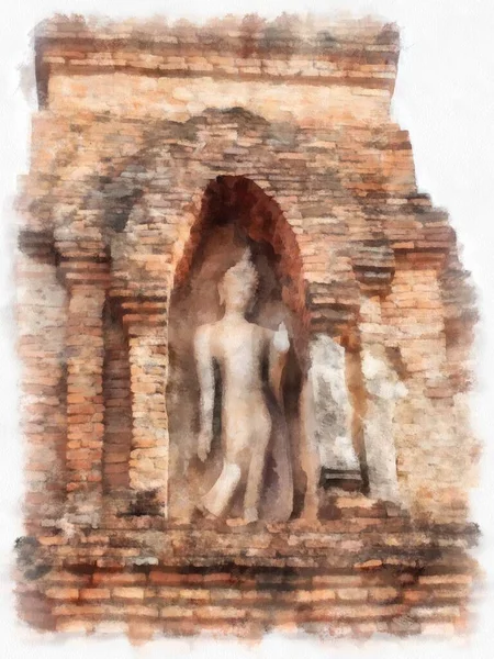 Ruinas Antiguas Sukhothai Patrimonio Humanidad Acuarela Estilo Ilustración Pintura Impresionista —  Fotos de Stock