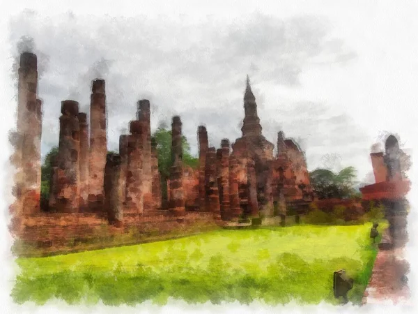 stock image Ancient Ruins in Sukhothai World Heritage Site watercolor style illustration impressionist painting.