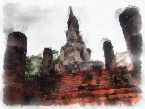 Sukhothai Deki Antik Kalıntılar Dünya Mirası Site Suluboya Resim Çizimi — Stok fotoğraf