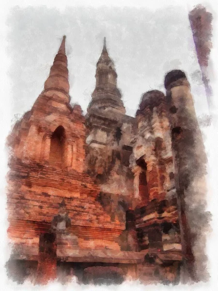 Forntida Ruiner Sukhothai Världsarv Webbplats Akvarell Stil Illustration Impressionist Målning — Stockfoto