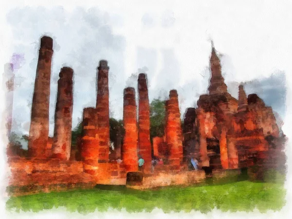 Ancient Ruins Sukhothai World Heritage Site Watercolor Style Illustration Impressionist — Stock Photo, Image