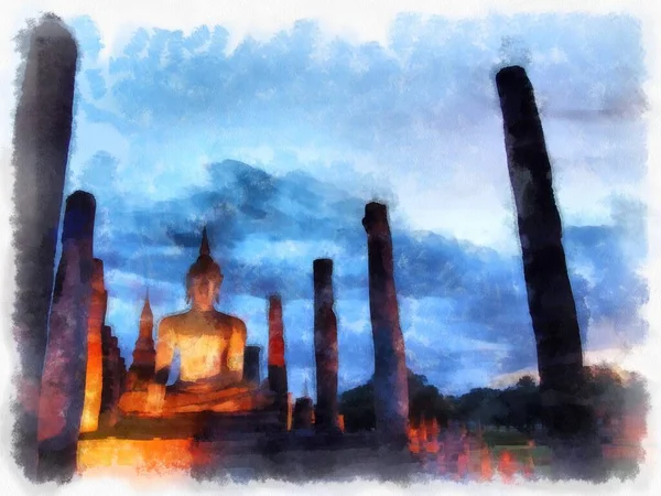Ruínas Antigas Sukhothai Património Mundial Aquarela Estilo Ilustração Impressionista Pintura — Fotografia de Stock