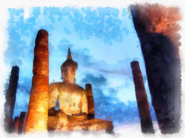 Древние Руины Сукхотай Объект Всемирного Наследия Акварели Стиль Иллюстрации Импрессионистской — стоковое фото