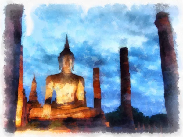 Sukhothai World Heritage Site Watercolor Style Impressionist Painting — 스톡 사진