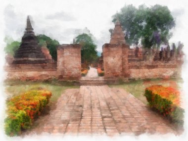 Sukhothai 'deki Antik Kalıntılar Dünya Mirası Site suluboya resim çizimi izlenimcisi.