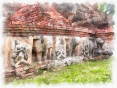 Sukhothai 'deki Antik Kalıntılar Dünya Mirası Site suluboya resim çizimi izlenimcisi.