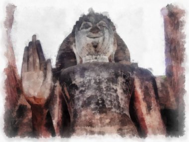 Sukhothai 'deki Antik Kalıntılar Dünya Mirası Site suluboya resim çizimi izlenimcisi.