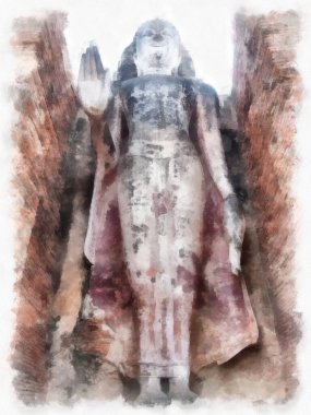 Sukhothai 'deki Antik Kalıntılar Dünya Mirası Site suluboya resim çizimi izlenimcisi.