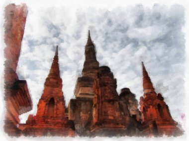 Sukhothai 'deki Antik Kalıntılar Dünya Mirası Site suluboya resim çizimi izlenimcisi.