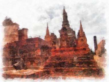 Sukhothai 'deki Antik Kalıntılar Dünya Mirası Site suluboya resim çizimi izlenimcisi.