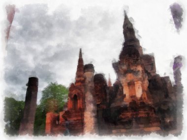 Sukhothai 'deki Antik Kalıntılar Dünya Mirası Site suluboya resim çizimi izlenimcisi.
