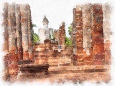 Sukhothai 'deki Antik Kalıntılar Dünya Mirası Site suluboya resim çizimi izlenimcisi.