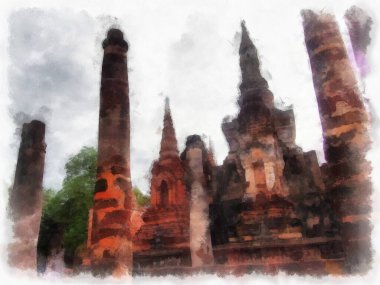Sukhothai 'deki Antik Kalıntılar Dünya Mirası Site suluboya resim çizimi izlenimcisi.