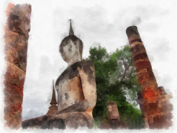 Rovine Antiche Sukhothai Patrimonio Dell Umanità Acquerello Stile Illustrazione Impressionista — Foto Stock