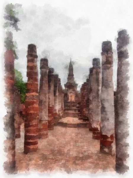 Forntida Ruiner Sukhothai Världsarv Webbplats Akvarell Stil Illustration Impressionist Målning — Stockfoto