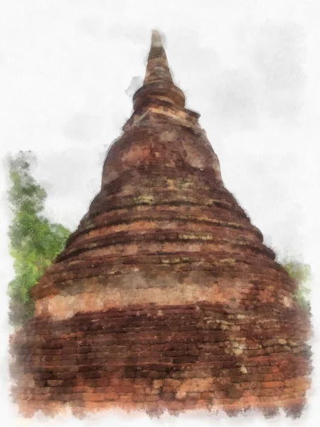 Ruínas Antigas Sukhothai Património Mundial Aquarela Estilo Ilustração Impressionista Pintura — Fotografia de Stock