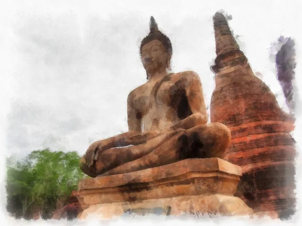 Sukhothai World Heritage Site Watercolor Style Impressionist Painting — 스톡 사진