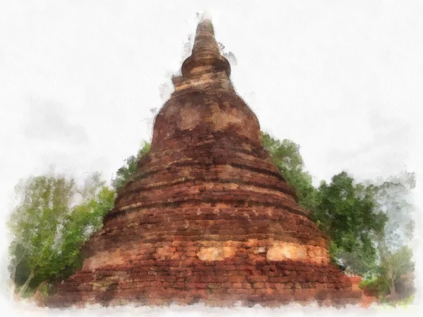 Starożytne Ruiny Sukhothai Światowego Dziedzictwa Unesco Akwarela Styl Ilustracji Impresjonistyczne — Zdjęcie stockowe