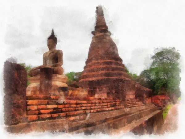 Αρχαία Ερείπια Sukhothai World Heritage Site Ακουαρέλα Στυλ Εικονογράφηση Ιμπρεσιονιστική — Φωτογραφία Αρχείου