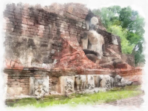 Oude Ruïnes Sukhothai World Heritage Site Aquarel Stijl Illustratie Impressionistische — Stockfoto