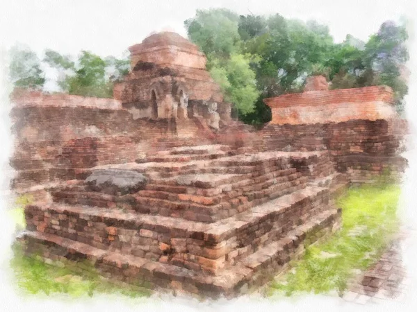 Ruines Antiques Sukhothai Site Patrimoine Mondial Aquarelle Illustration Style Peinture — Photo