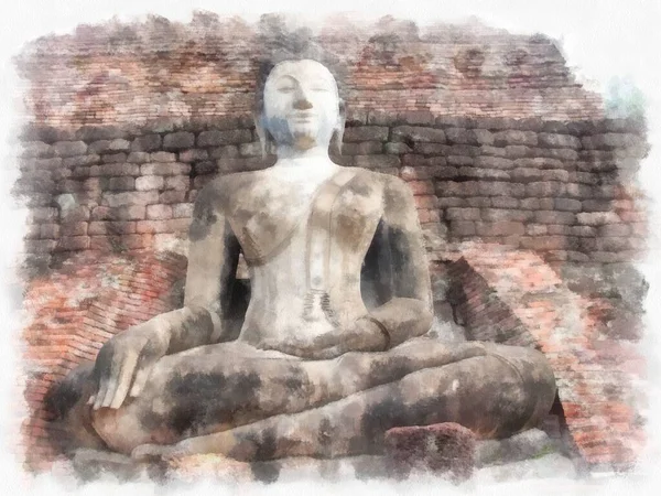 Antike Ruinen Sukhothai Welterbe Aquarell Stil Illustration Impressionistische Malerei — Stockfoto