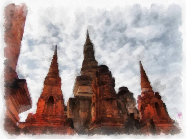 Sukhothai World Heritage Site Watercolor Style Impressionist Painting — 스톡 사진