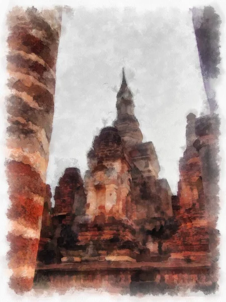 Ruínas Antigas Sukhothai Património Mundial Aquarela Estilo Ilustração Impressionista Pintura — Fotografia de Stock