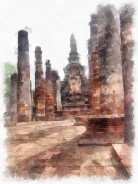 Ancient Ruins Sukhothai World Heritage Site Lukisan Impresionis Gaya Cat — Stok Foto