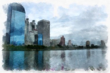 Büyük bir göl boyası çizim çizimi olan bir şehirdeki yüksek binaların manzarası.