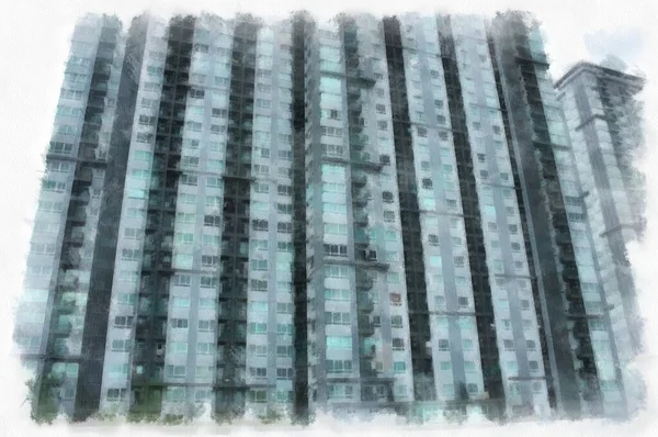 Apartman Binalarının Manzarası Suluboya Resim Çizimi Izlenimcisi — Stok fotoğraf