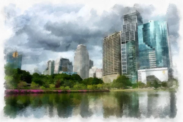 Landscape Tall Buildings City Large Pond Watercolor Style Illustration Impressionist — Zdjęcie stockowe