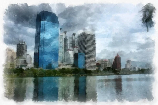 Landscape Tall Buildings City Large Pond Watercolor Style Illustration Impressionist — 图库照片