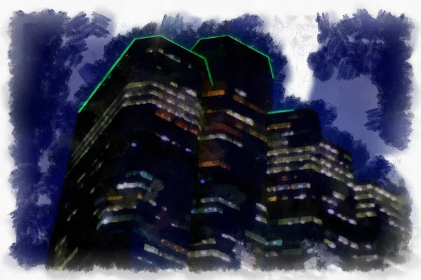 Τοπίο Των Ψηλών Κτιρίων Στην Πόλη Ακουαρέλα Στυλ Εικονογράφηση Ιμπρεσιονιστική — Φωτογραφία Αρχείου