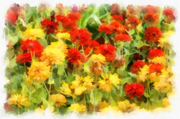 Parlak Renkli Çiçeklerden Oluşan Bir Tarlanın Manzarası Suluboya Stili Illüstrasyon — Stok fotoğraf