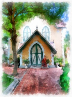 Sarı Ev Antika suluboya resim çiziminin Gotik Mimari Binası 'nın manzarası..